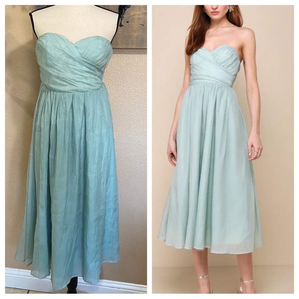 NWOT Lulus Fairytale Design Sage Green Organza Strapless A-Line Midi Dress